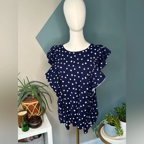 Vineyard Vines Ruffle Sleeve Cotton Top Navy White Dot Print Size M - Picture 2 of 11